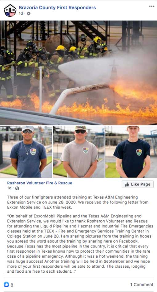 Brazoria County First Responders Facebook Post